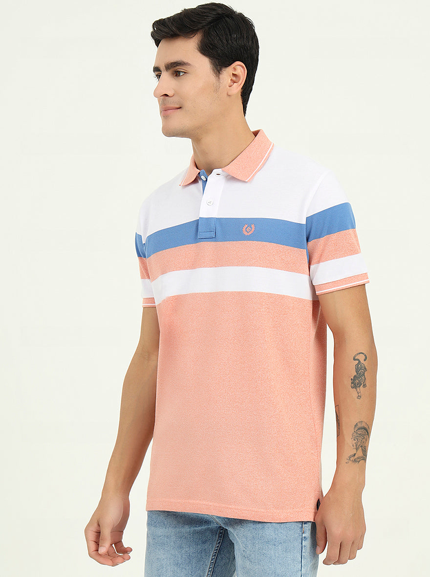 White & Peach Striped Slim Fit Polo T-Shirt | Greenfibre