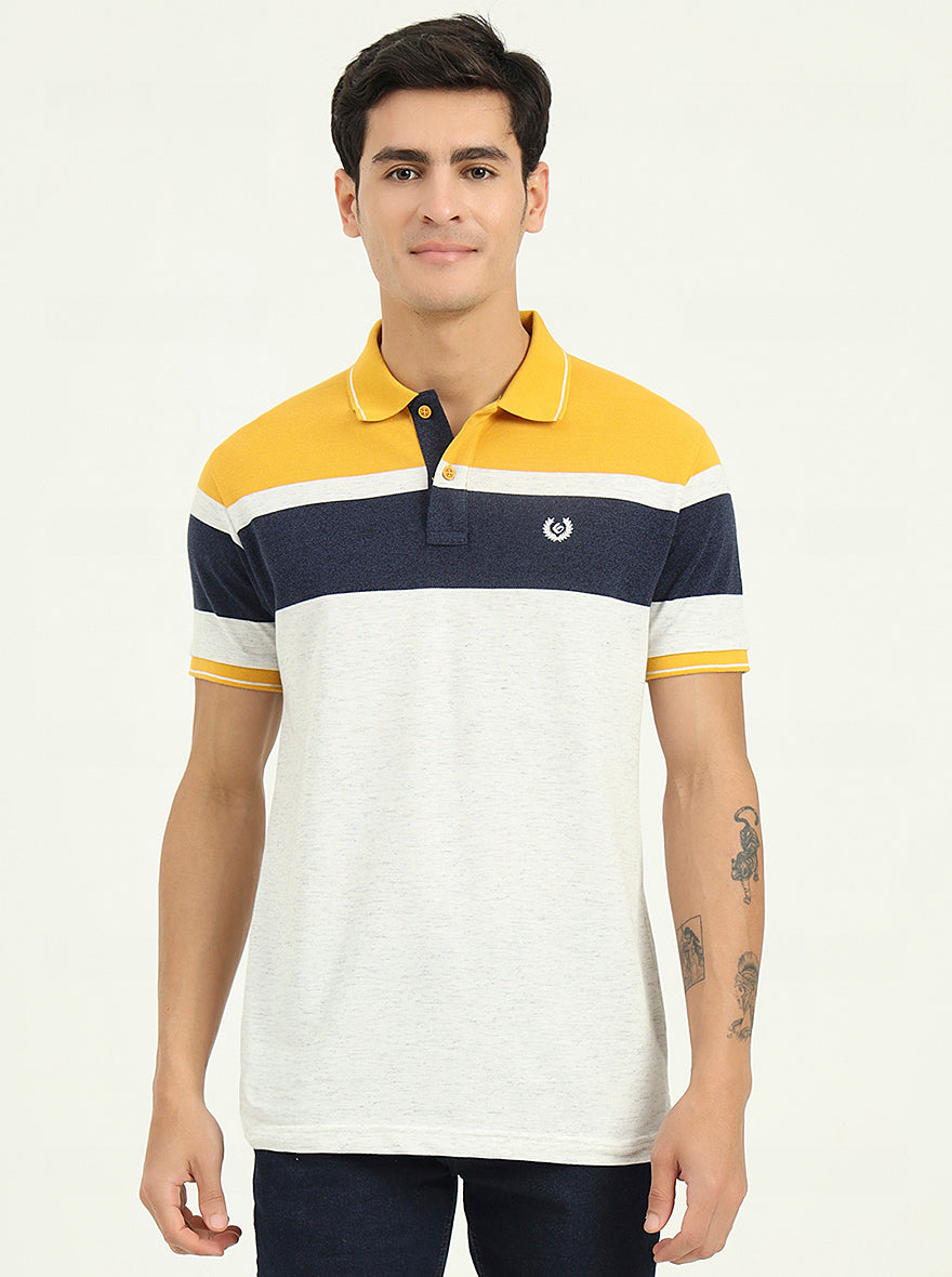 Grey & Mustard Striped Slim Fit Polo T-Shirt | Greenfibre