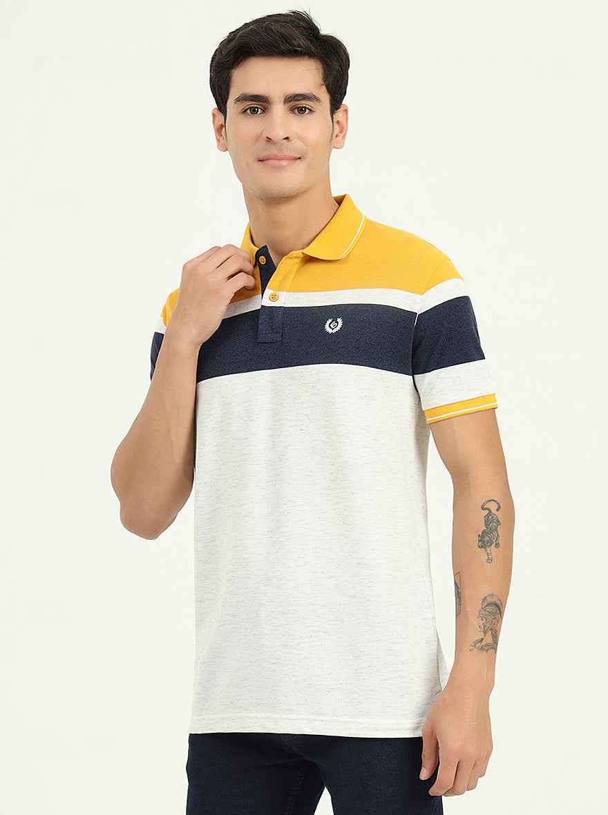Grey & Mustard Striped Slim Fit Polo T-Shirt | Greenfibre