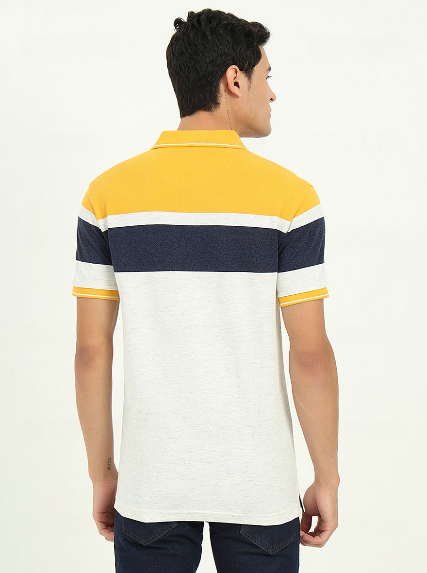 Grey & Mustard Striped Slim Fit Polo T-Shirt | Greenfibre