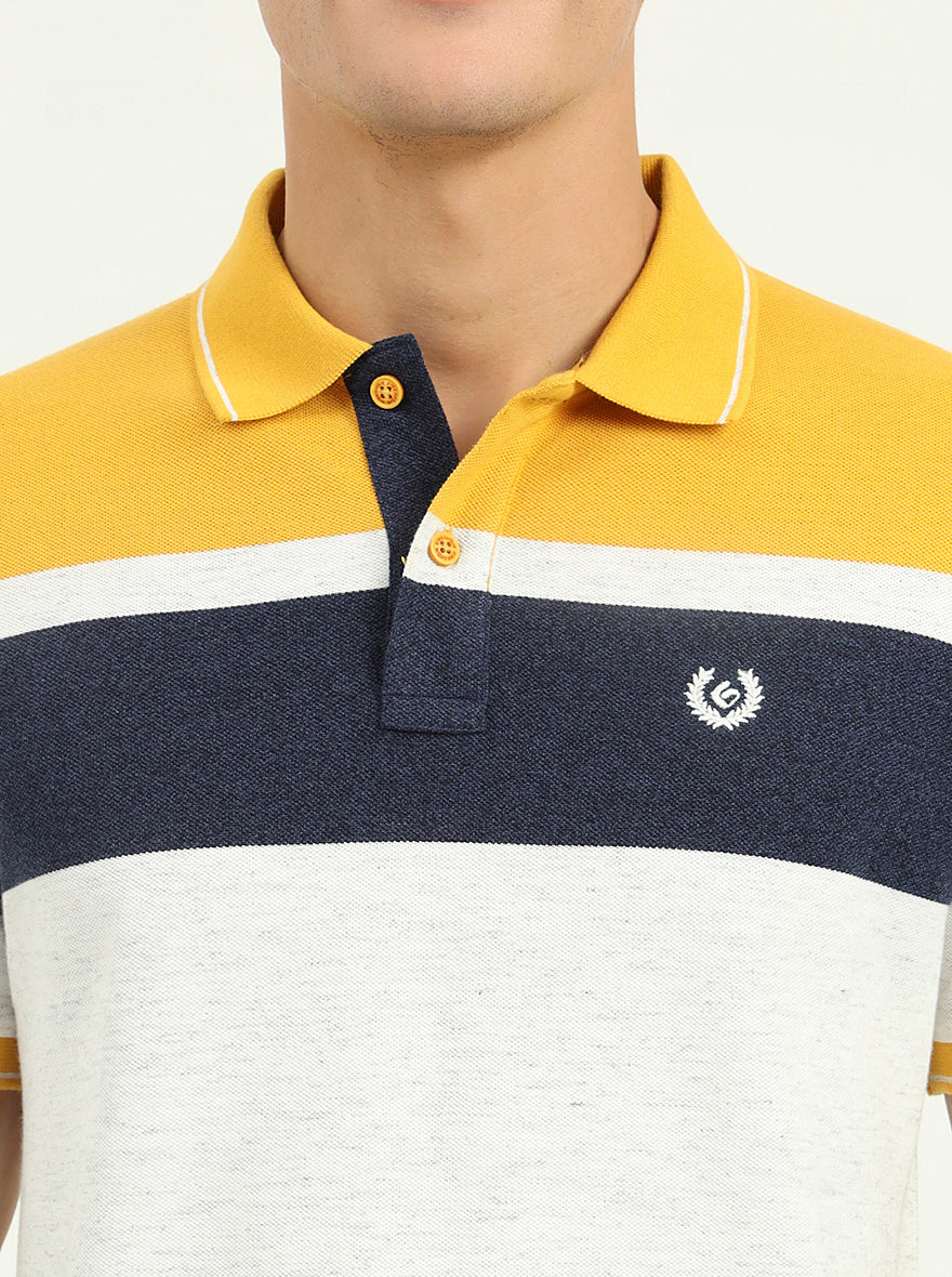 Grey & Mustard Striped Slim Fit Polo T-Shirt | Greenfibre