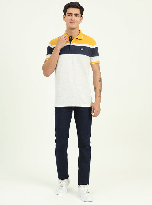 Grey & Mustard Striped Slim Fit Polo T-Shirt | Greenfibre