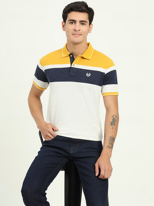 Grey & Mustard Striped Slim Fit Polo T-Shirt | Greenfibre