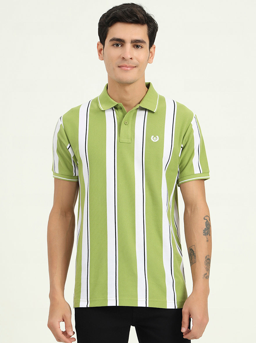 Green & White Striped Slim Fit Polo T-Shirt | Greenfibre