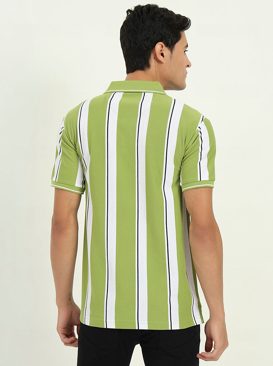 Green & White Striped Slim Fit Polo T-Shirt | Greenfibre