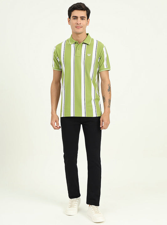 Green & White Striped Slim Fit Polo T-Shirt | Greenfibre