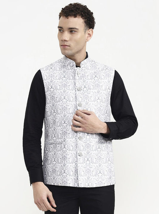 Grey & White Printed Waistcoat | Greenfibre