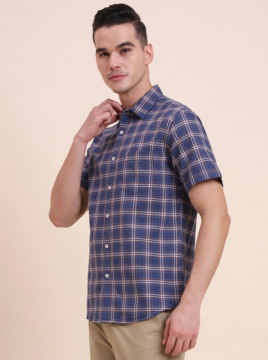 Navy Blue Checked Slim Fit Casual Shirt | Greenfibre