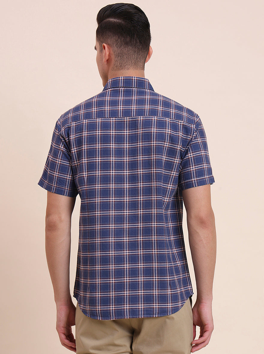 Navy Blue Checked Slim Fit Casual Shirt | Greenfibre