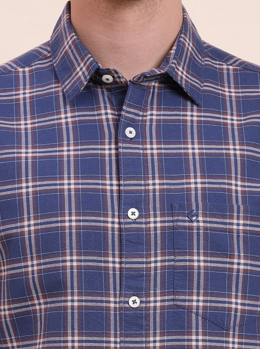 Navy Blue Checked Slim Fit Casual Shirt | Greenfibre