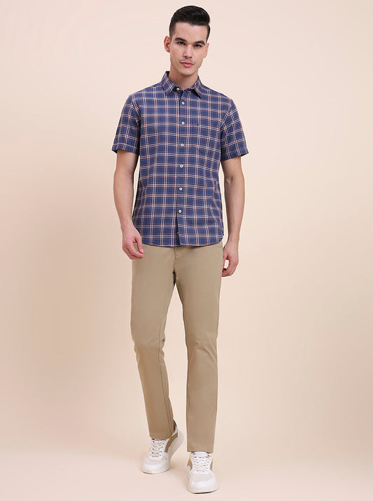 Navy Blue Checked Slim Fit Casual Shirt | Greenfibre