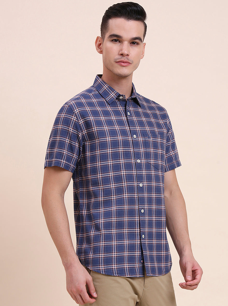 Navy Blue Checked Slim Fit Casual Shirt | Greenfibre