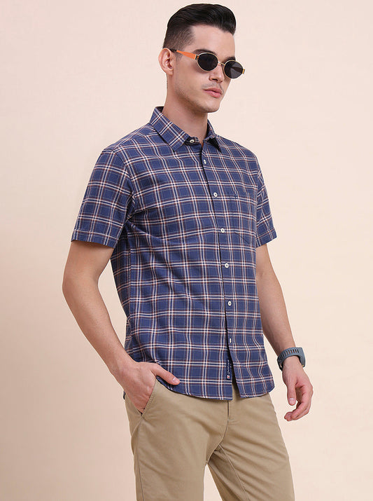 Navy Blue Checked Slim Fit Casual Shirt | Greenfibre