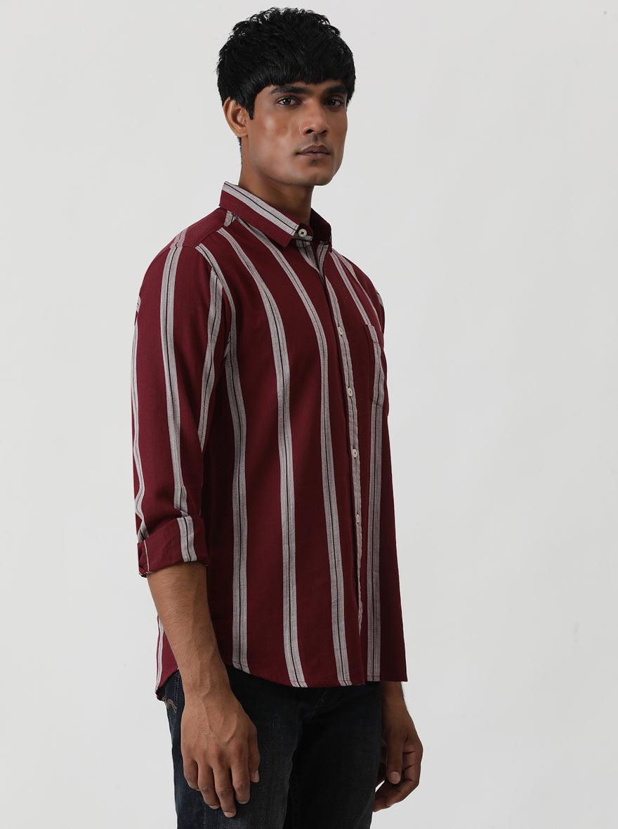 Wine Striped Slim Fit Casual Shirt | Greenfibre
