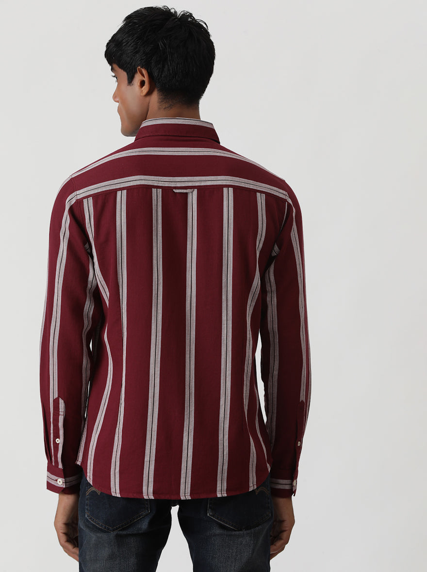 Wine Striped Slim Fit Casual Shirt | Greenfibre