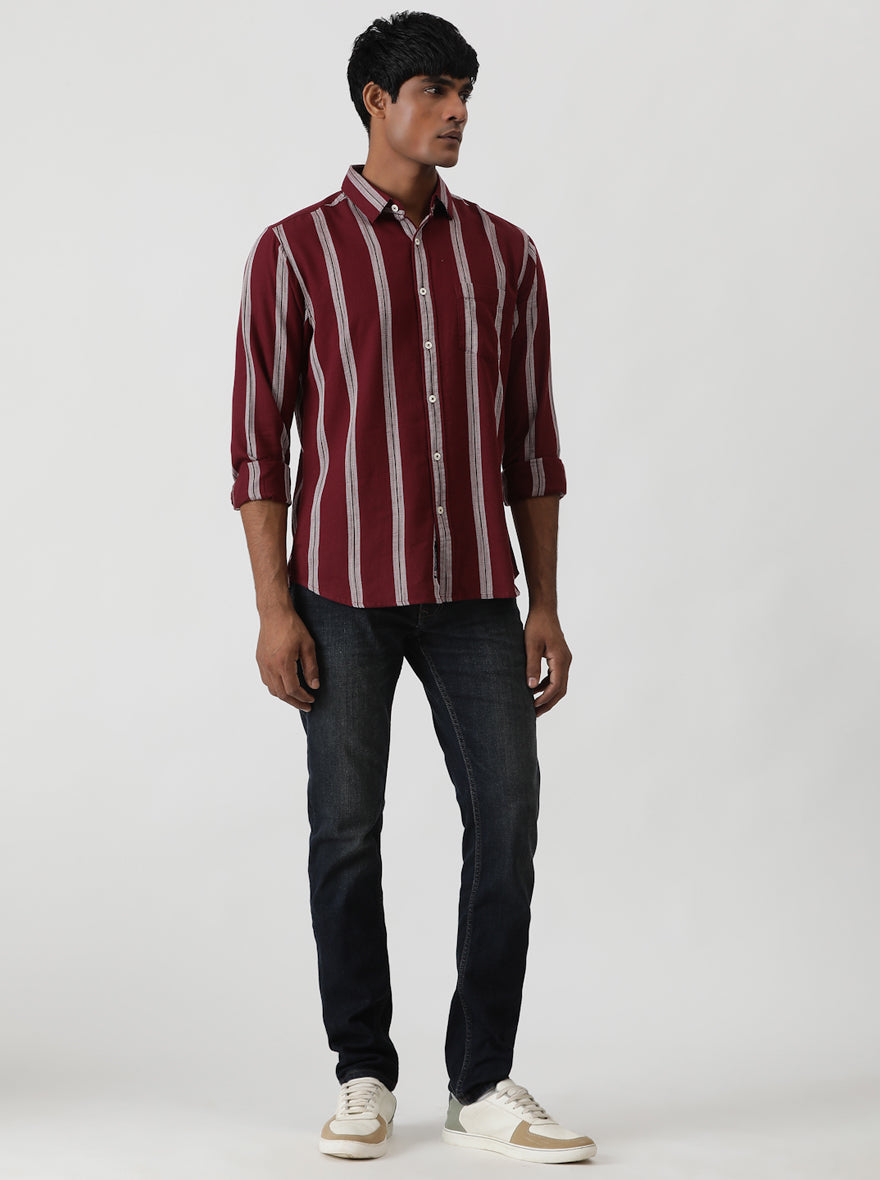 Wine Striped Slim Fit Casual Shirt | Greenfibre