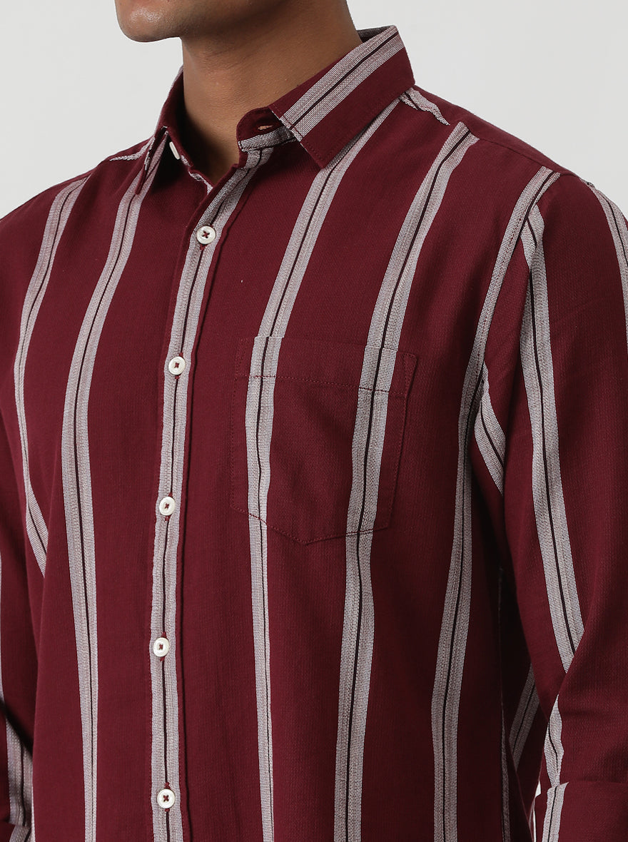 Wine Striped Slim Fit Casual Shirt | Greenfibre