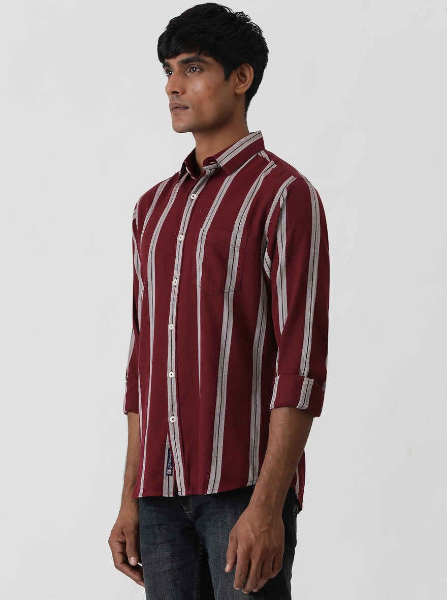 Wine Striped Slim Fit Casual Shirt | Greenfibre