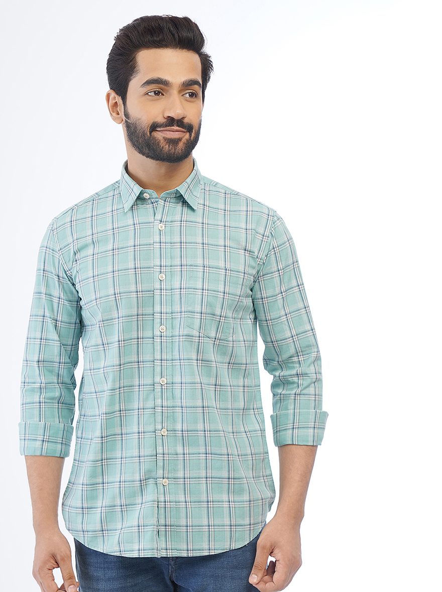 Green Checked Smart Fit Semi Casual Shirt | Greenfibre