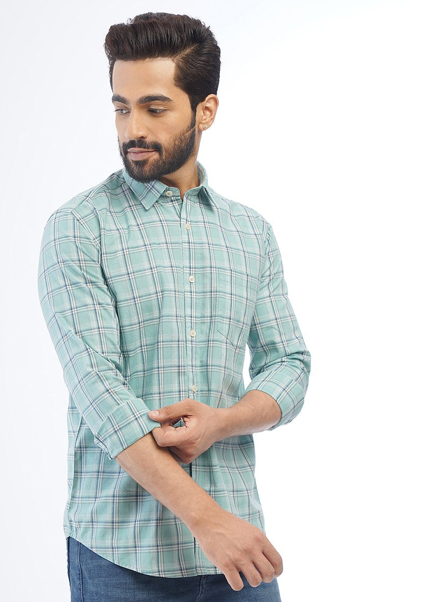 Green Checked Smart Fit Semi Casual Shirt | Greenfibre