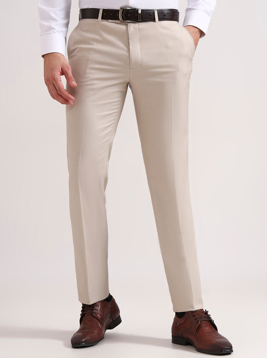 Cream Solid Slim Fit Formal Trouser | Greenfibre