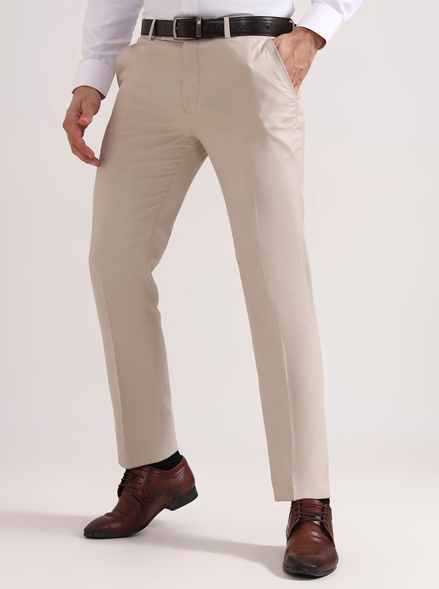Cream Solid Slim Fit Formal Trouser | Greenfibre
