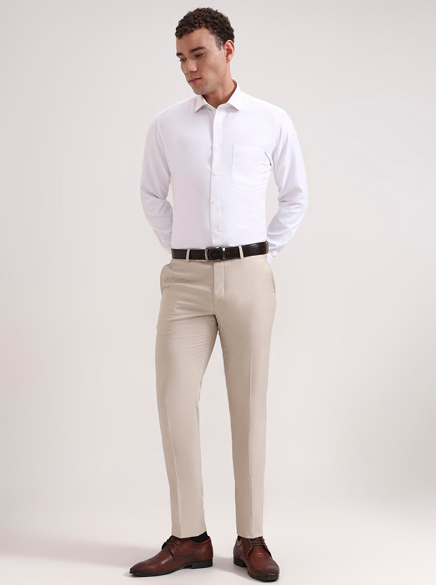 Cream Solid Slim Fit Formal Trouser | Greenfibre