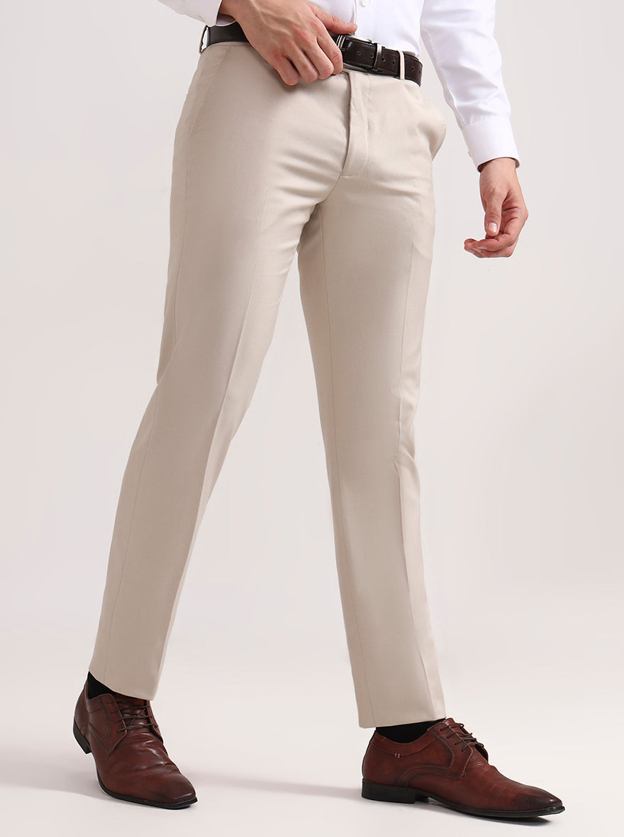 Cream Solid Slim Fit Formal Trouser | Greenfibre