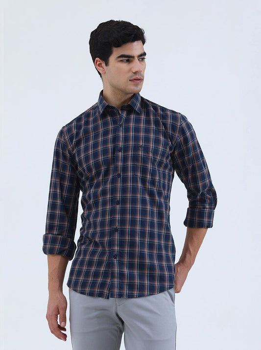 Navy Blue Checked Smart Fit Semi Casual Shirt | Greenfibre