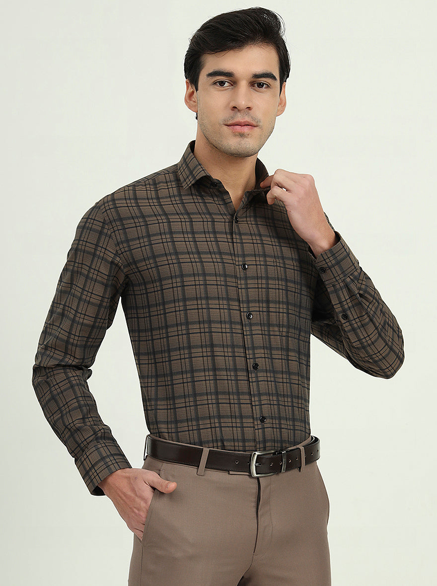Brown Checked Slim Fit Formal Shirt | Greenfire