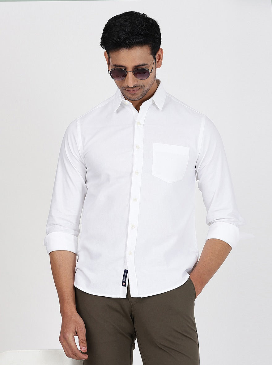 White Solid Slim Fit Casual Shirt | Greenfibre