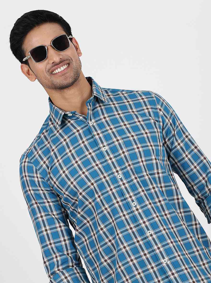 Blue Checked Smart Fit Semi Casual Shirt | Greenfibre