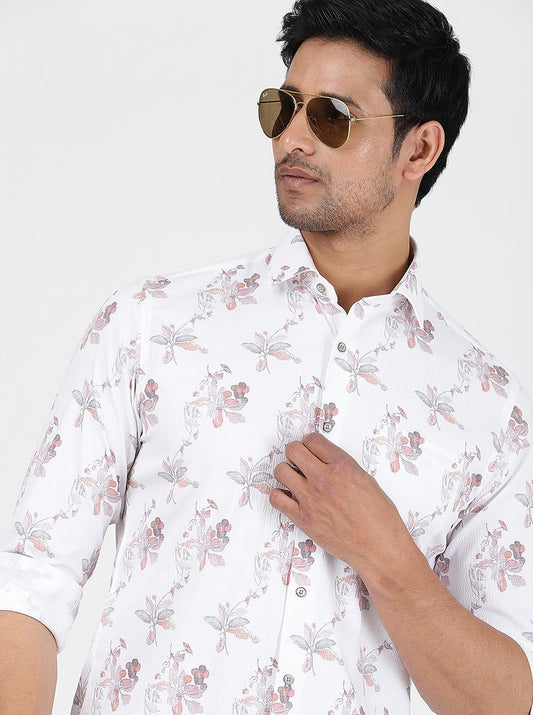 White Printed Slim Fit Party Wear Shirt | Greenfibre