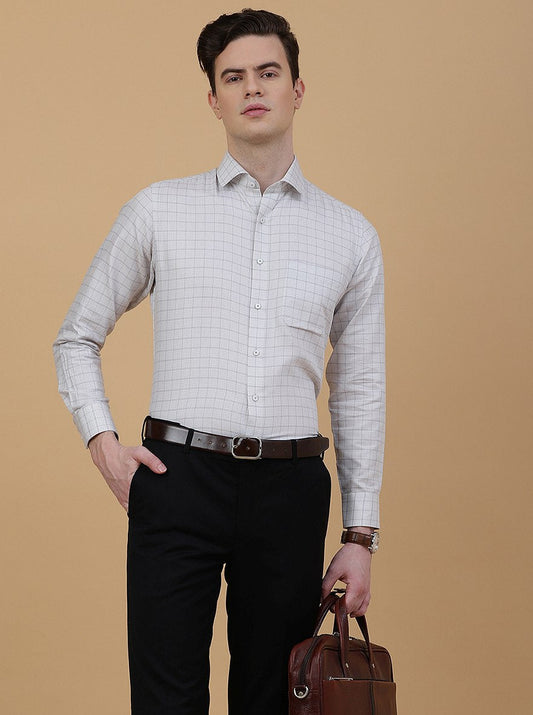 Light Grey Checked Slim Fit Formal Shirt | Greenfibre