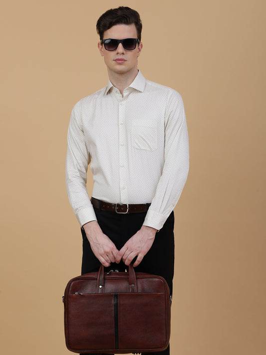 Beige Printed Slim Fit Formal Shirt | Greenfibre