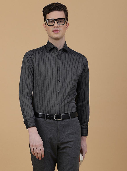 Dark Grey Striped Slim Fit Formal Shirt | Greenfibre