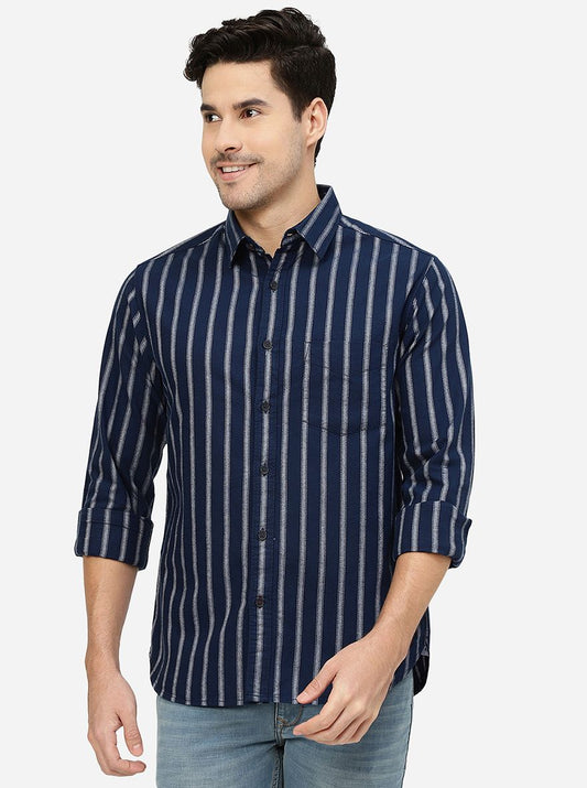 Navy Blue Striped Slim Fit Casual Shirt | Greenfibre