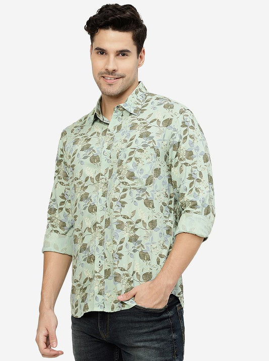 Green Printed Slim Fit Casual Shirt | Greenfibre