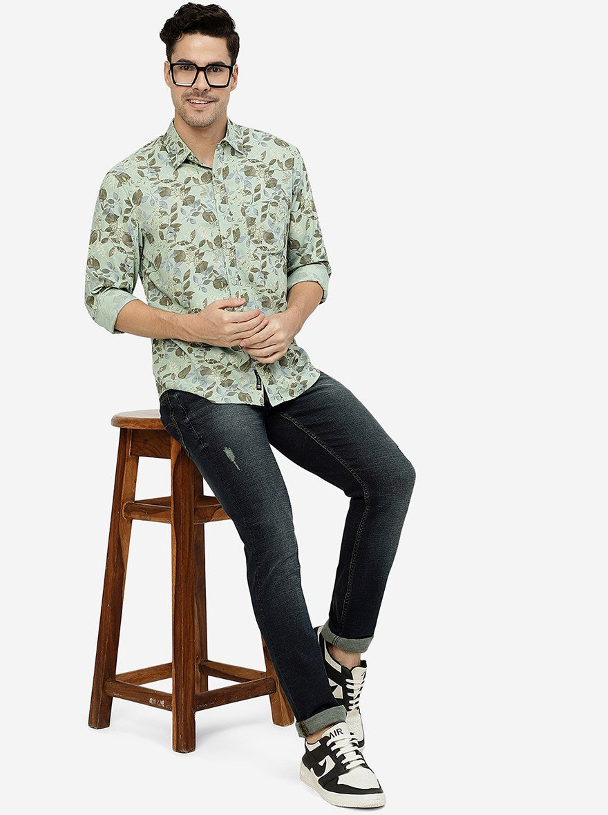 Green Printed Slim Fit Casual Shirt | Greenfibre