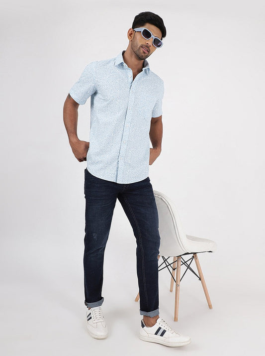 Light Blue Printed Smart Fit Semi Casual Shirt | Greenfibre