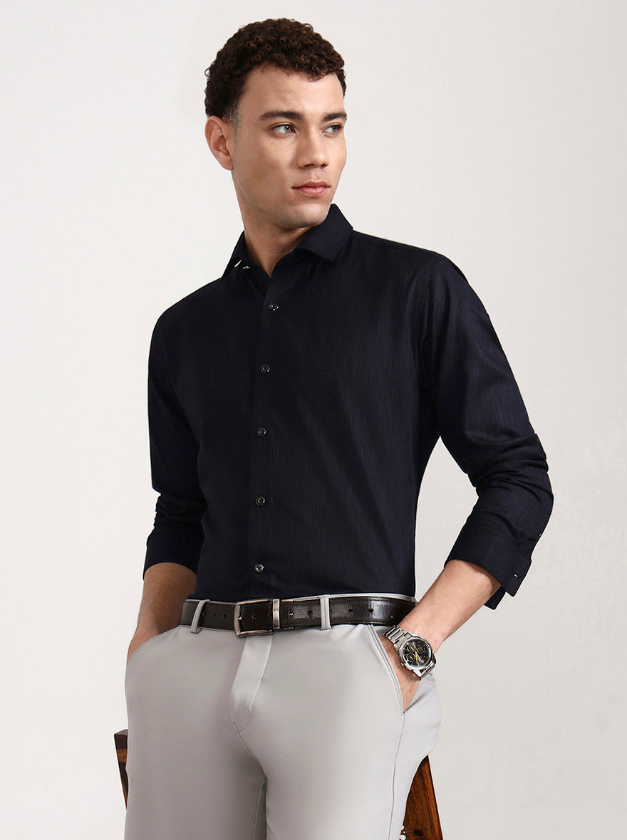 Navy Blue Solid Slim Fit Party Wear Shirt | Greenfibre