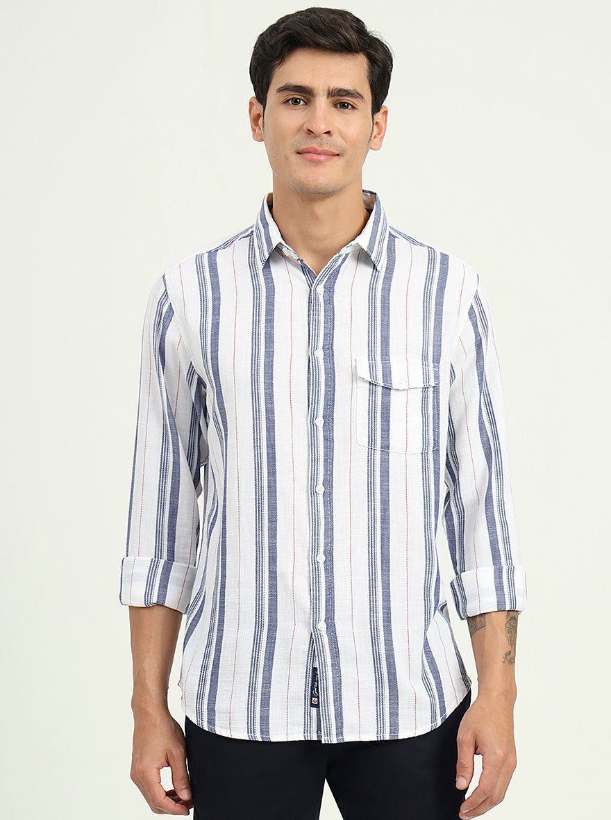 White & Blue Striped Slim Fit Casual Shirt | Greenfibre