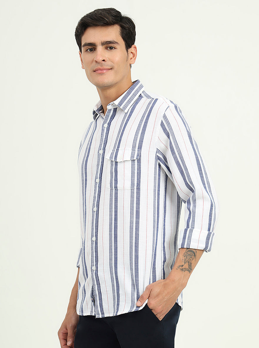 White & Blue Striped Slim Fit Casual Shirt | Greenfibre