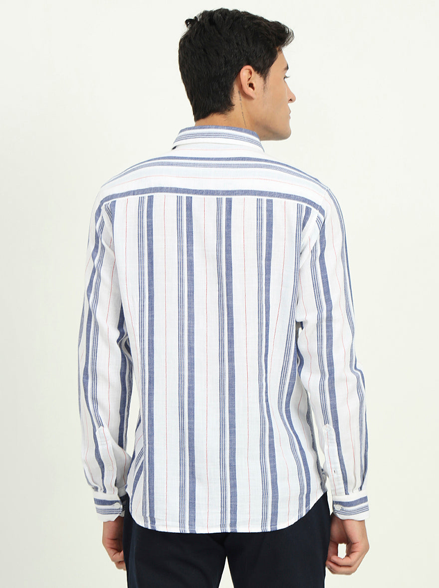 White & Blue Striped Slim Fit Casual Shirt | Greenfibre