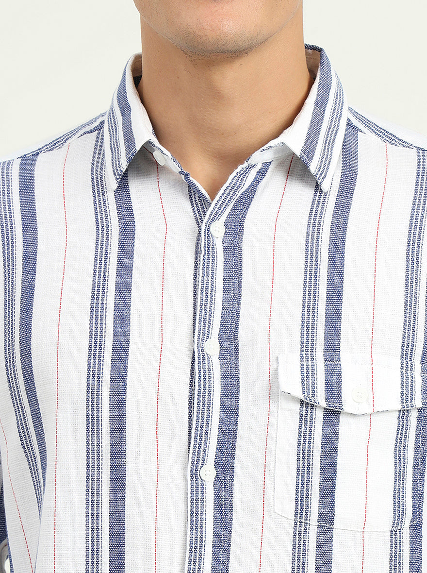 White & Blue Striped Slim Fit Casual Shirt | Greenfibre
