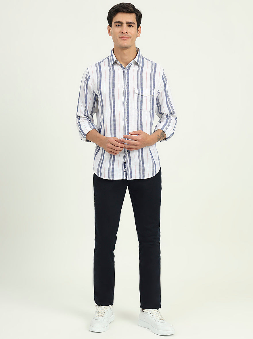 White & Blue Striped Slim Fit Casual Shirt | Greenfibre