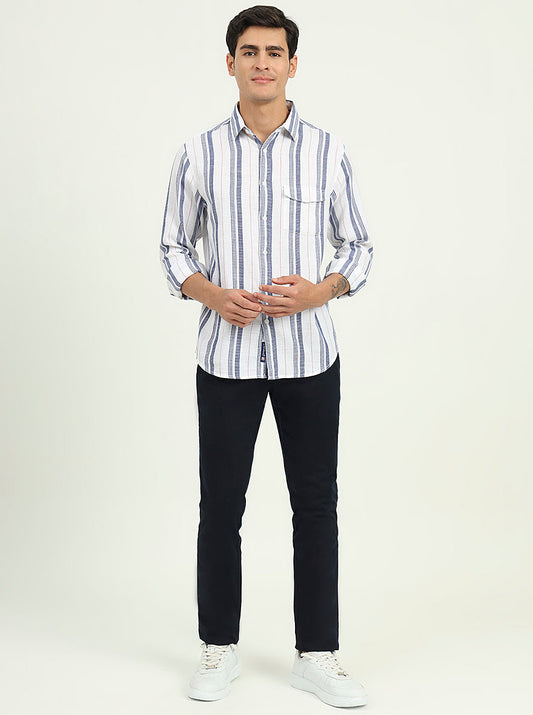 White & Blue Striped Slim Fit Casual Shirt | Greenfibre