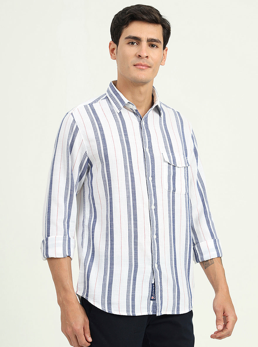White & Blue Striped Slim Fit Casual Shirt | Greenfibre