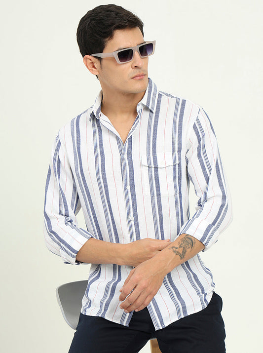White & Blue Striped Slim Fit Casual Shirt | Greenfibre
