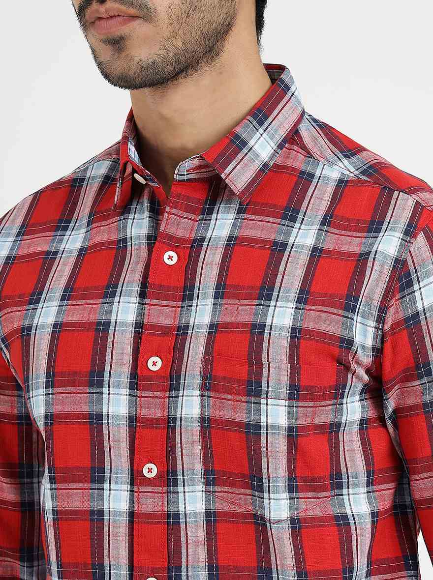 Red Checked Slim Fit Casual Shirt | Greenfibre